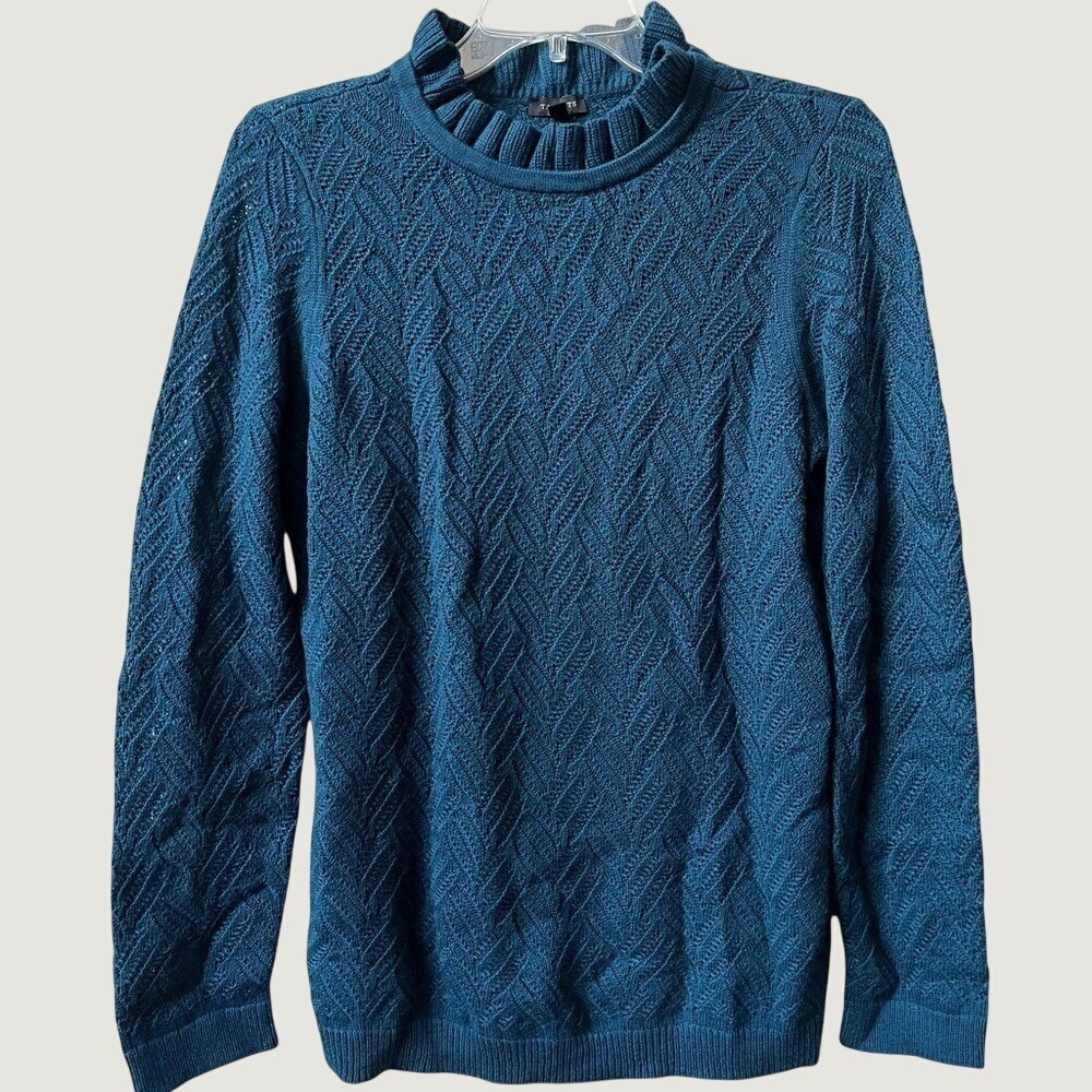Talbots Texture Stitch Ruffle Neck Pullover Sweater Womens Medium Blue Preppy